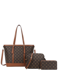 3 in 1 Monogram Tote Messenger Bag and Wallet Set LY8610S BROWN